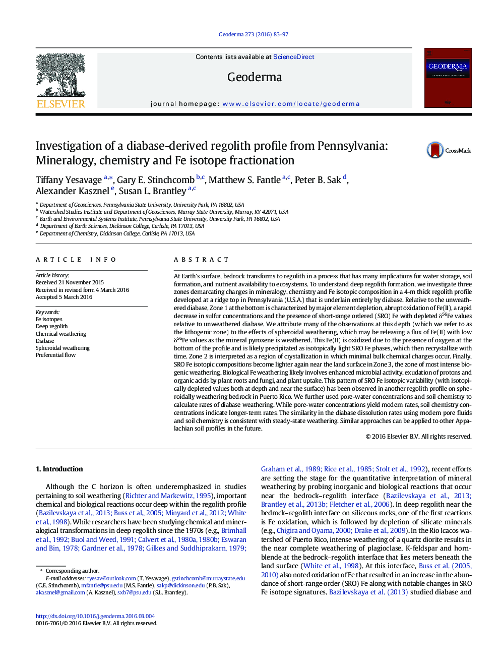 Investigation of a diabase-derived regolith profile from Pennsylvania: Mineralogy, chemistry and Fe isotope fractionation