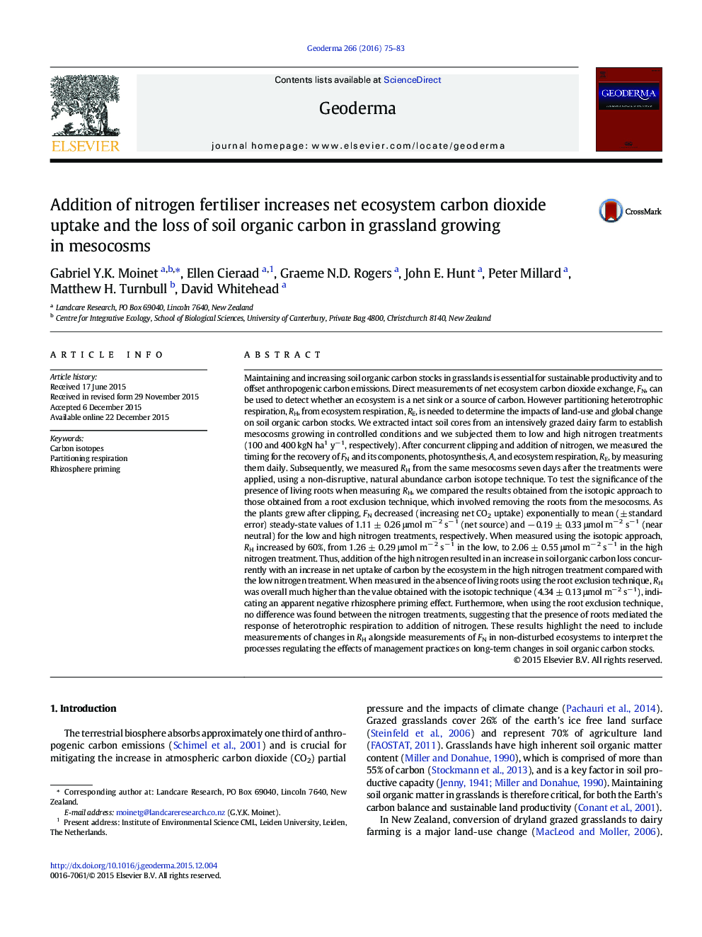 Addition of nitrogen fertiliser increases net ecosystem carbon dioxide uptake and the loss of soil organic carbon in grassland growing in mesocosms