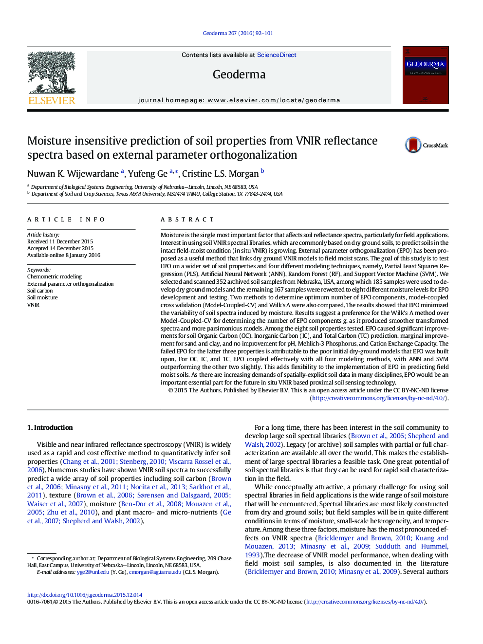 Moisture insensitive prediction of soil properties from VNIR reflectance spectra based on external parameter orthogonalization