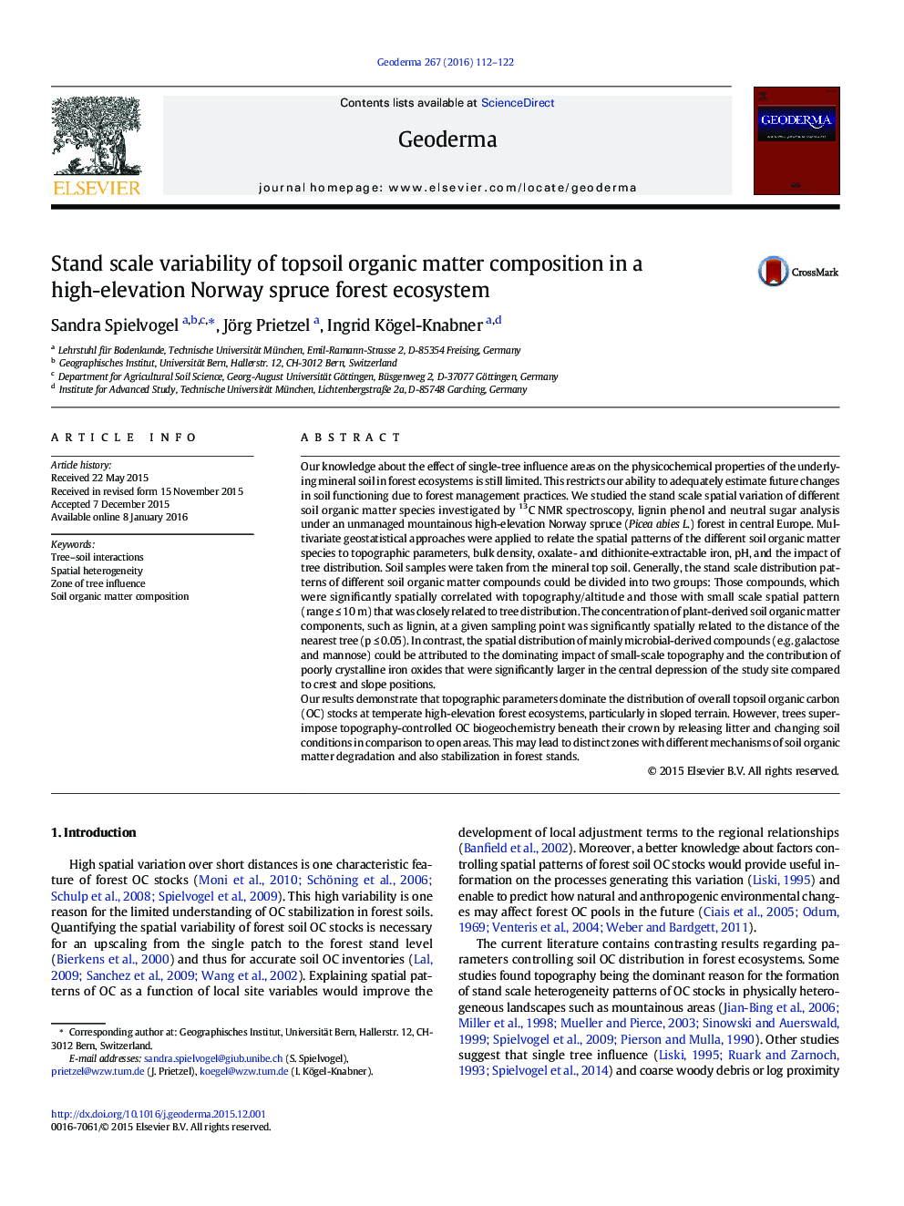 Stand scale variability of topsoil organic matter composition in a high-elevation Norway spruce forest ecosystem