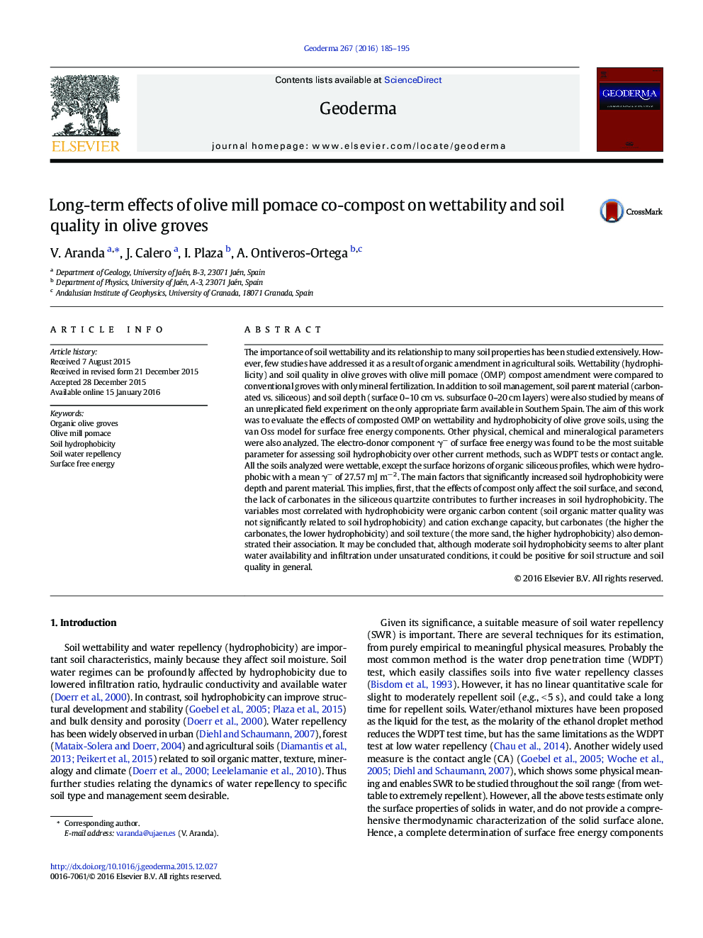 Long-term effects of olive mill pomace co-compost on wettability and soil quality in olive groves