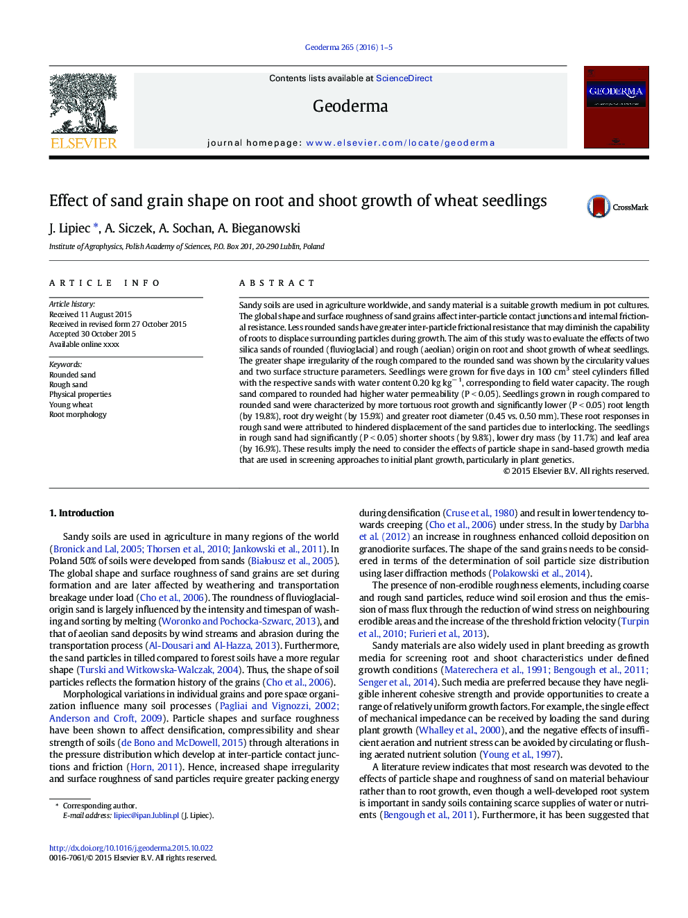 Effect of sand grain shape on root and shoot growth of wheat seedlings