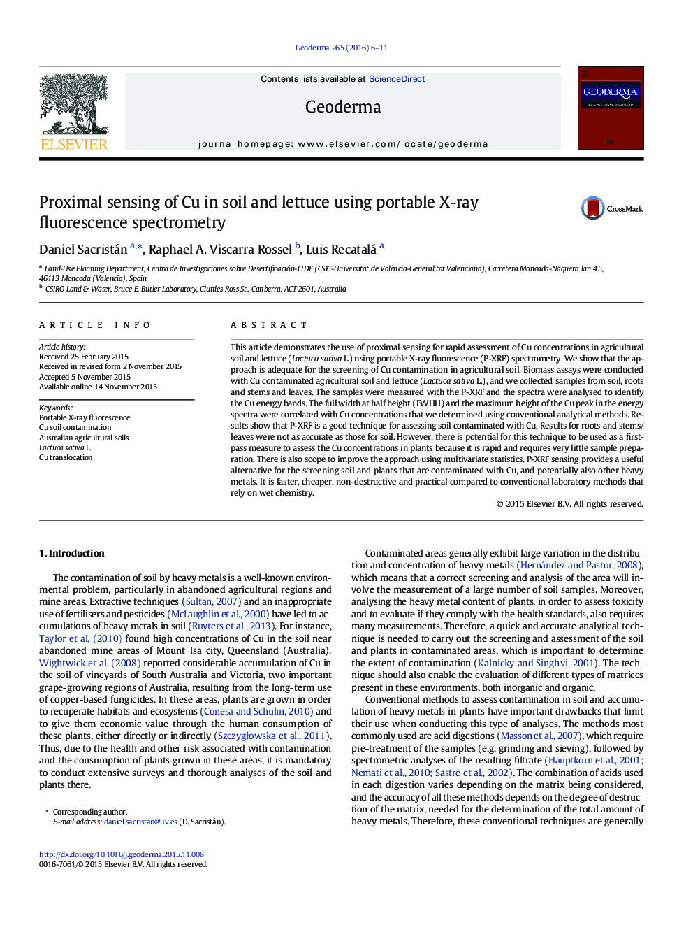 Proximal sensing of Cu in soil and lettuce using portable X-ray fluorescence spectrometry