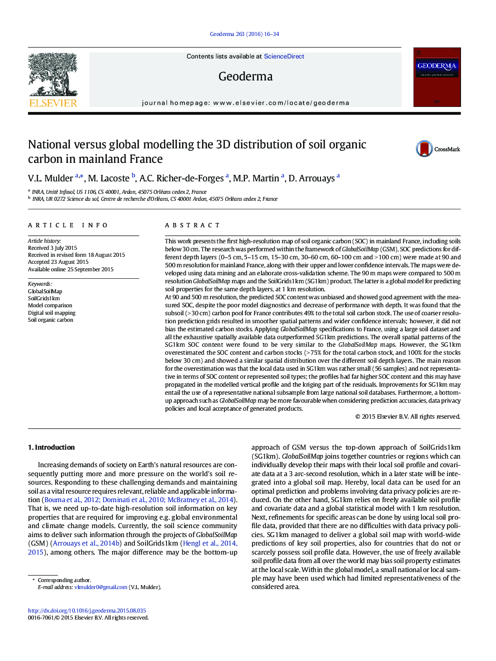 National versus global modelling the 3D distribution of soil organic carbon in mainland France