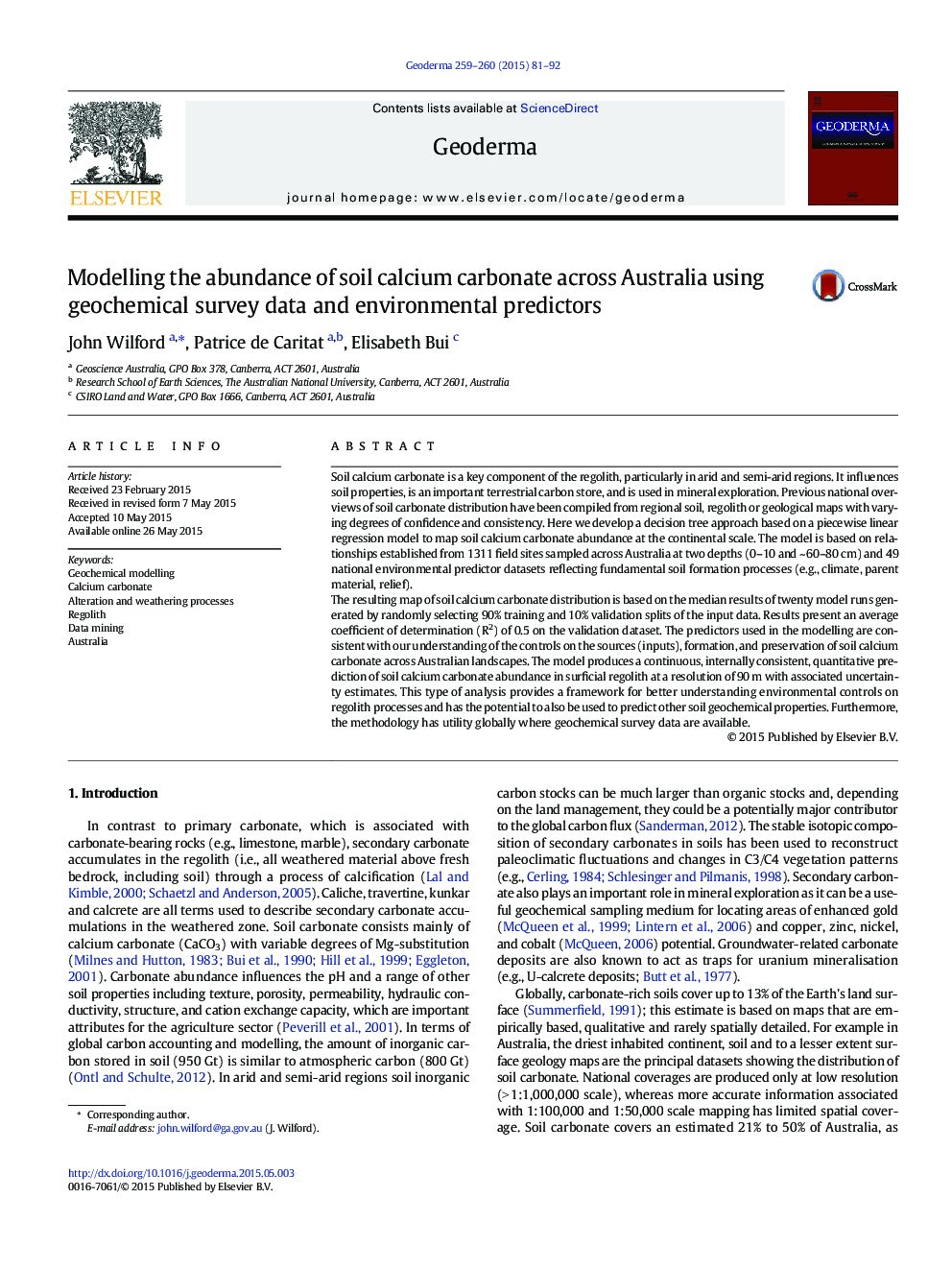 Modelling the abundance of soil calcium carbonate across Australia using geochemical survey data and environmental predictors