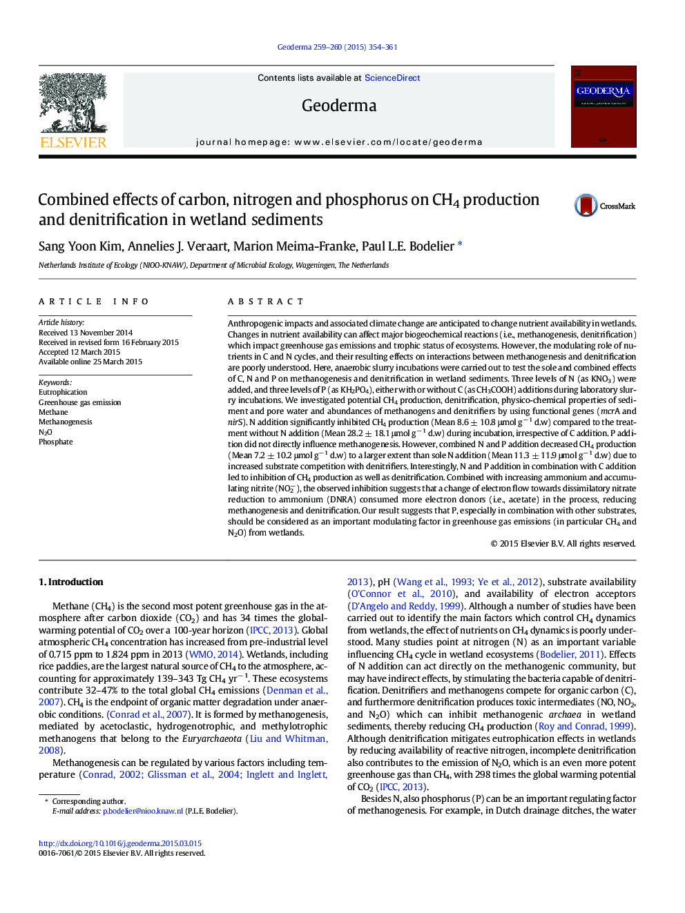 Combined effects of carbon, nitrogen and phosphorus on CH4 production and denitrification in wetland sediments