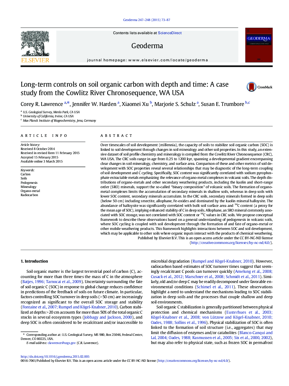 Long-term controls on soil organic carbon with depth and time: A case study from the Cowlitz River Chronosequence, WA USA