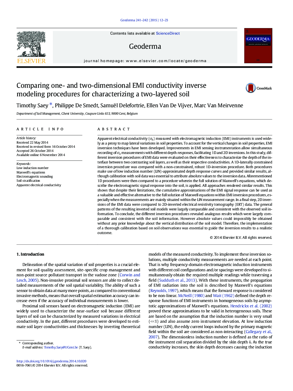 Comparing one- and two-dimensional EMI conductivity inverse modeling procedures for characterizing a two-layered soil