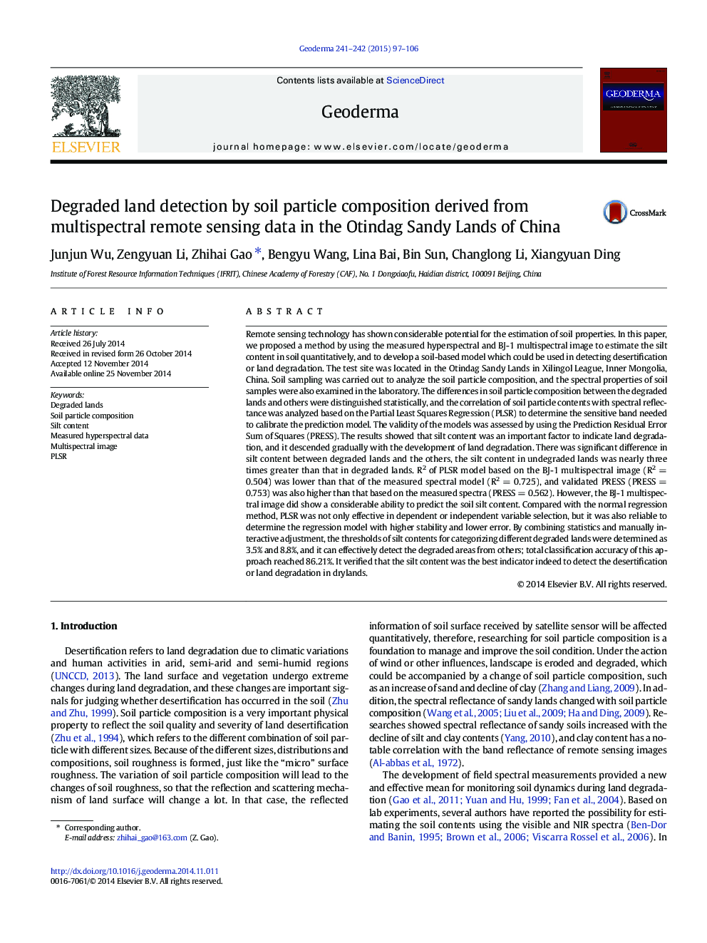 Degraded land detection by soil particle composition derived from multispectral remote sensing data in the Otindag Sandy Lands of China