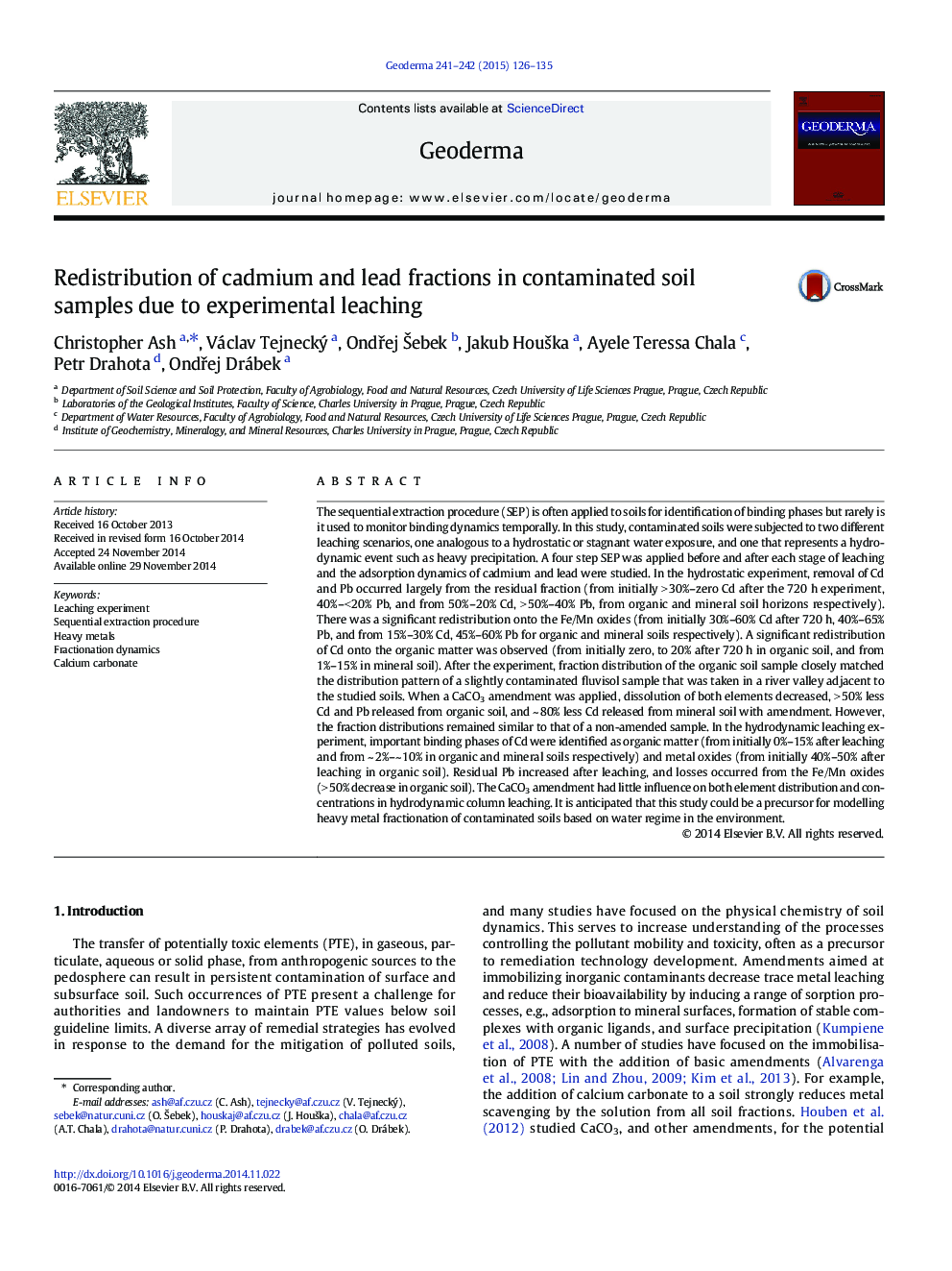 Redistribution of cadmium and lead fractions in contaminated soil samples due to experimental leaching