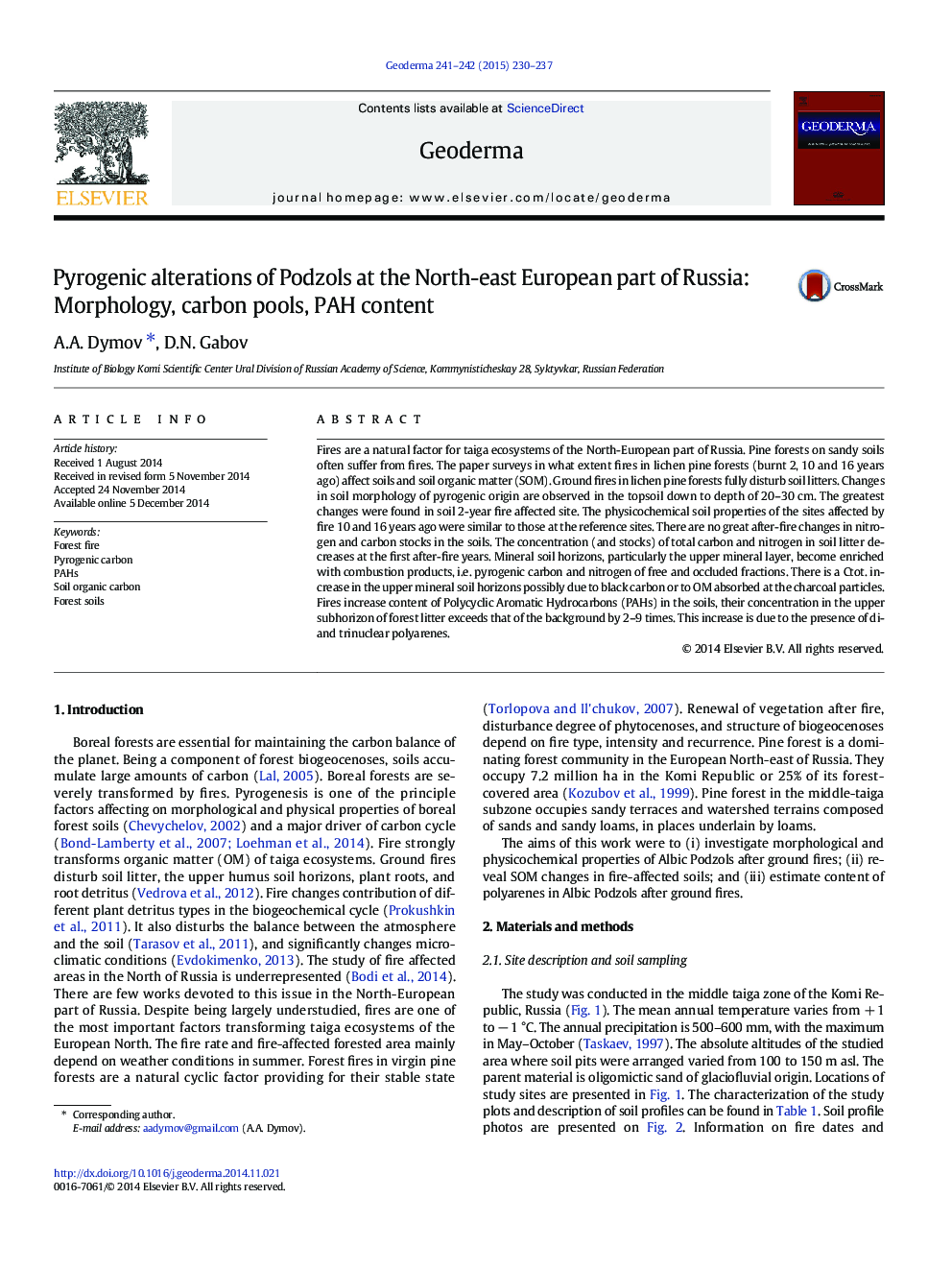 Pyrogenic alterations of Podzols at the North-east European part of Russia: Morphology, carbon pools, PAH content