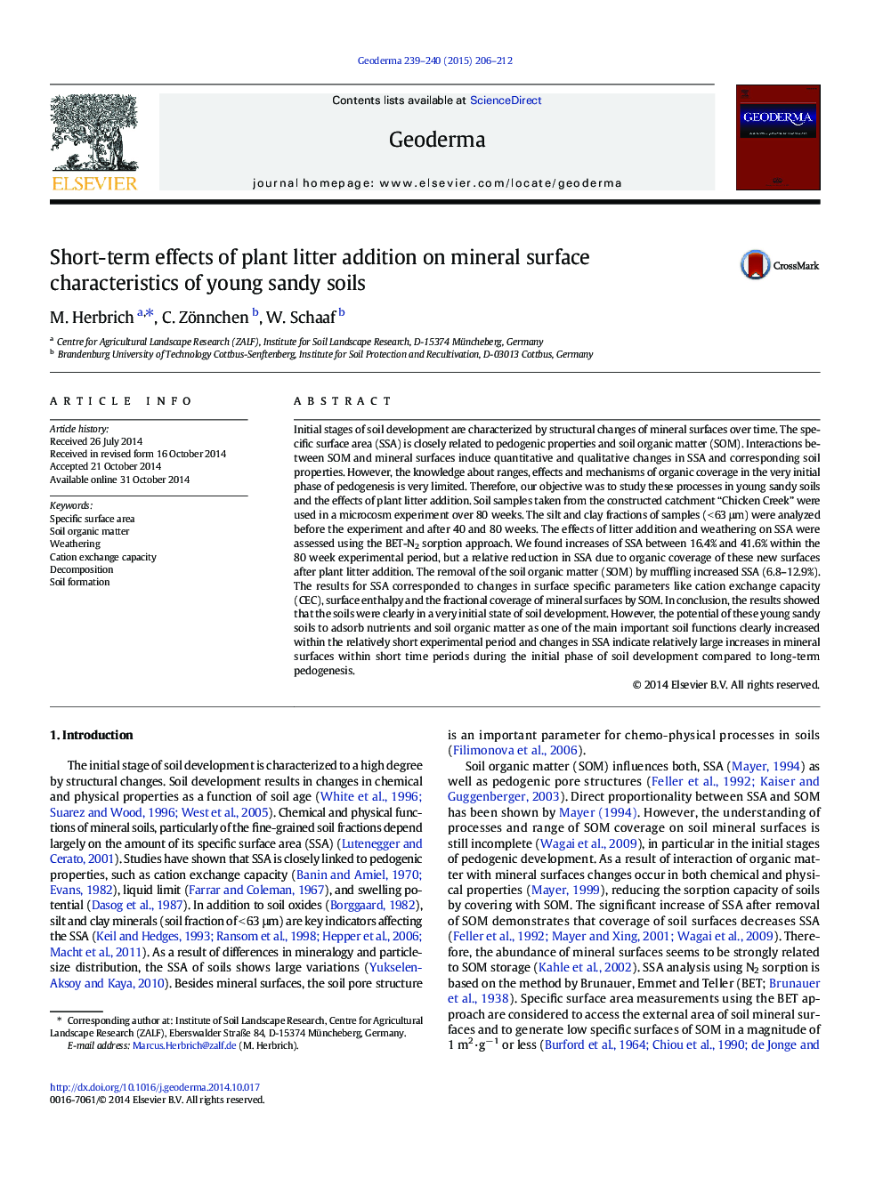 Short-term effects of plant litter addition on mineral surface characteristics of young sandy soils