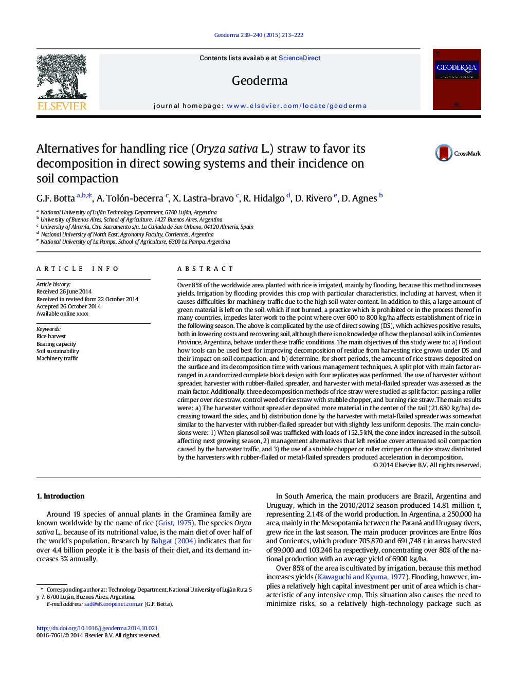 Alternatives for handling rice (Oryza sativa L.) straw to favor its decomposition in direct sowing systems and their incidence on soil compaction