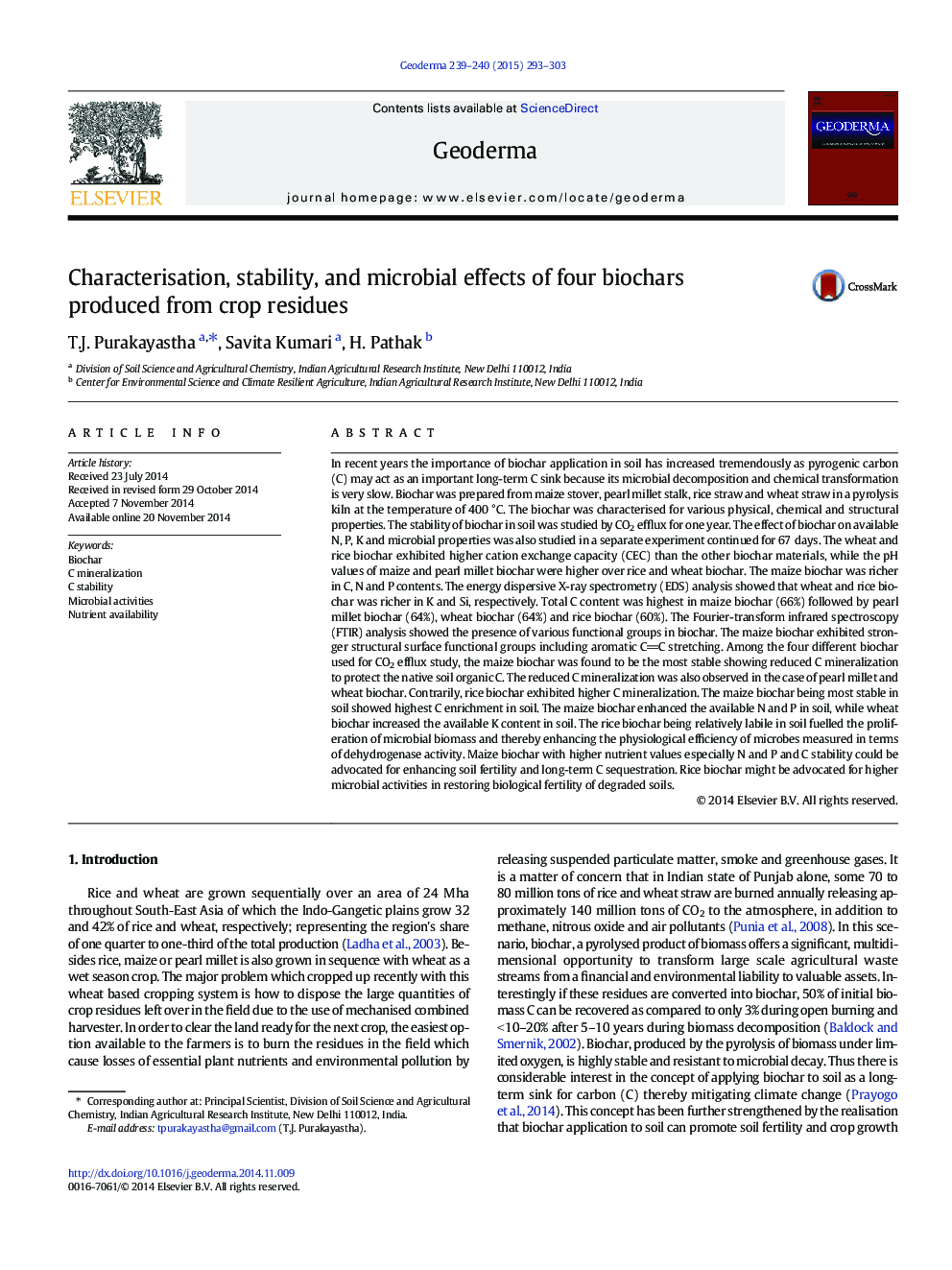 Characterisation, stability, and microbial effects of four biochars produced from crop residues