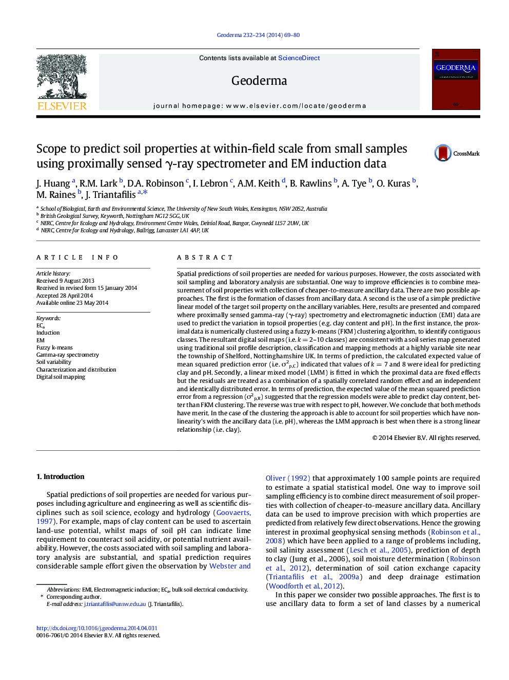 Scope to predict soil properties at within-field scale from small samples using proximally sensed Î³-ray spectrometer and EM induction data