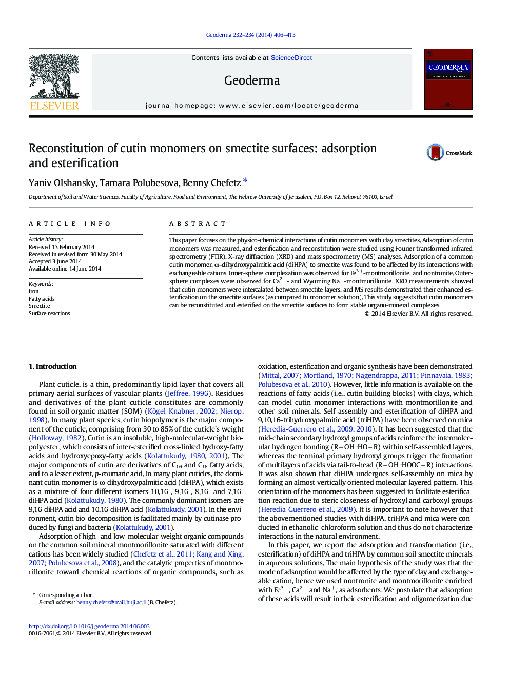 Reconstitution of cutin monomers on smectite surfaces: adsorption and esterification