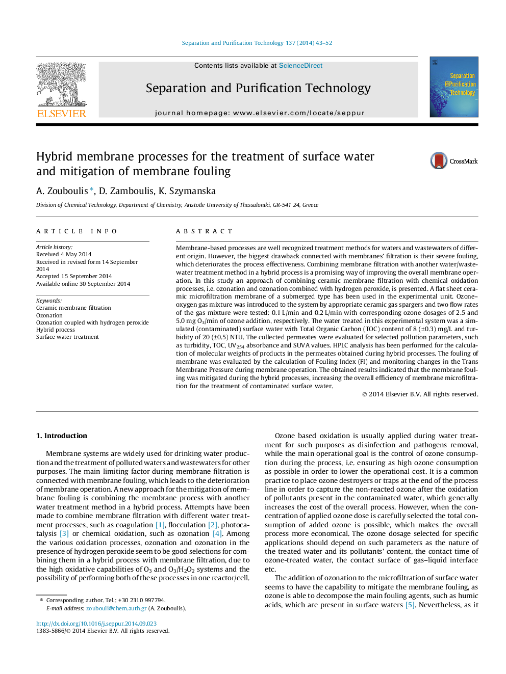 Hybrid membrane processes for the treatment of surface water and mitigation of membrane fouling