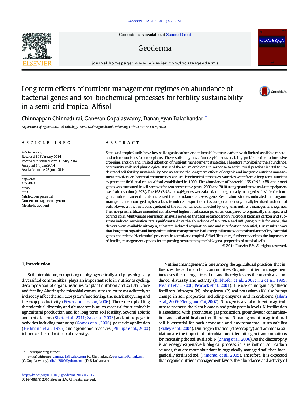 Long term effects of nutrient management regimes on abundance of bacterial genes and soil biochemical processes for fertility sustainability in a semi-arid tropical Alfisol