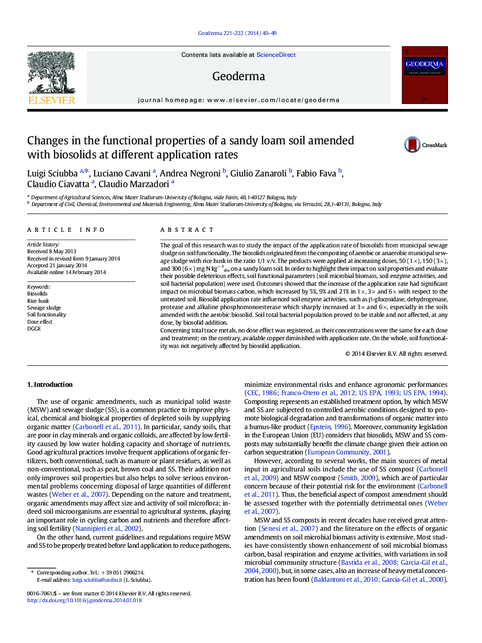 Changes in the functional properties of a sandy loam soil amended with biosolids at different application rates