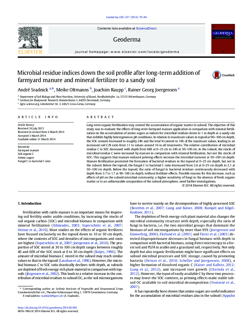 Microbial residue indices down the soil profile after long-term addition of farmyard manure and mineral fertilizer to a sandy soil