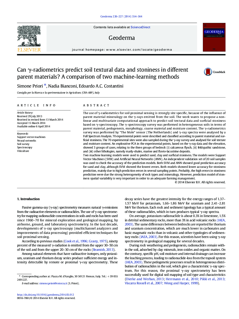 Can Î³-radiometrics predict soil textural data and stoniness in different parent materials? A comparison of two machine-learning methods