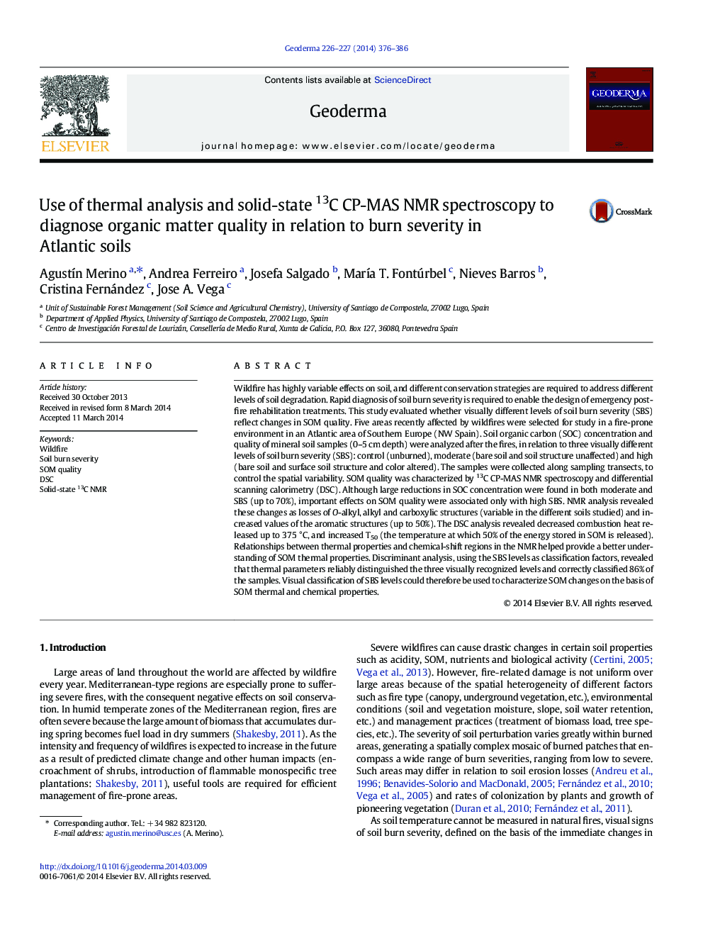 Use of thermal analysis and solid-state 13C CP-MAS NMR spectroscopy to diagnose organic matter quality in relation to burn severity in Atlantic soils
