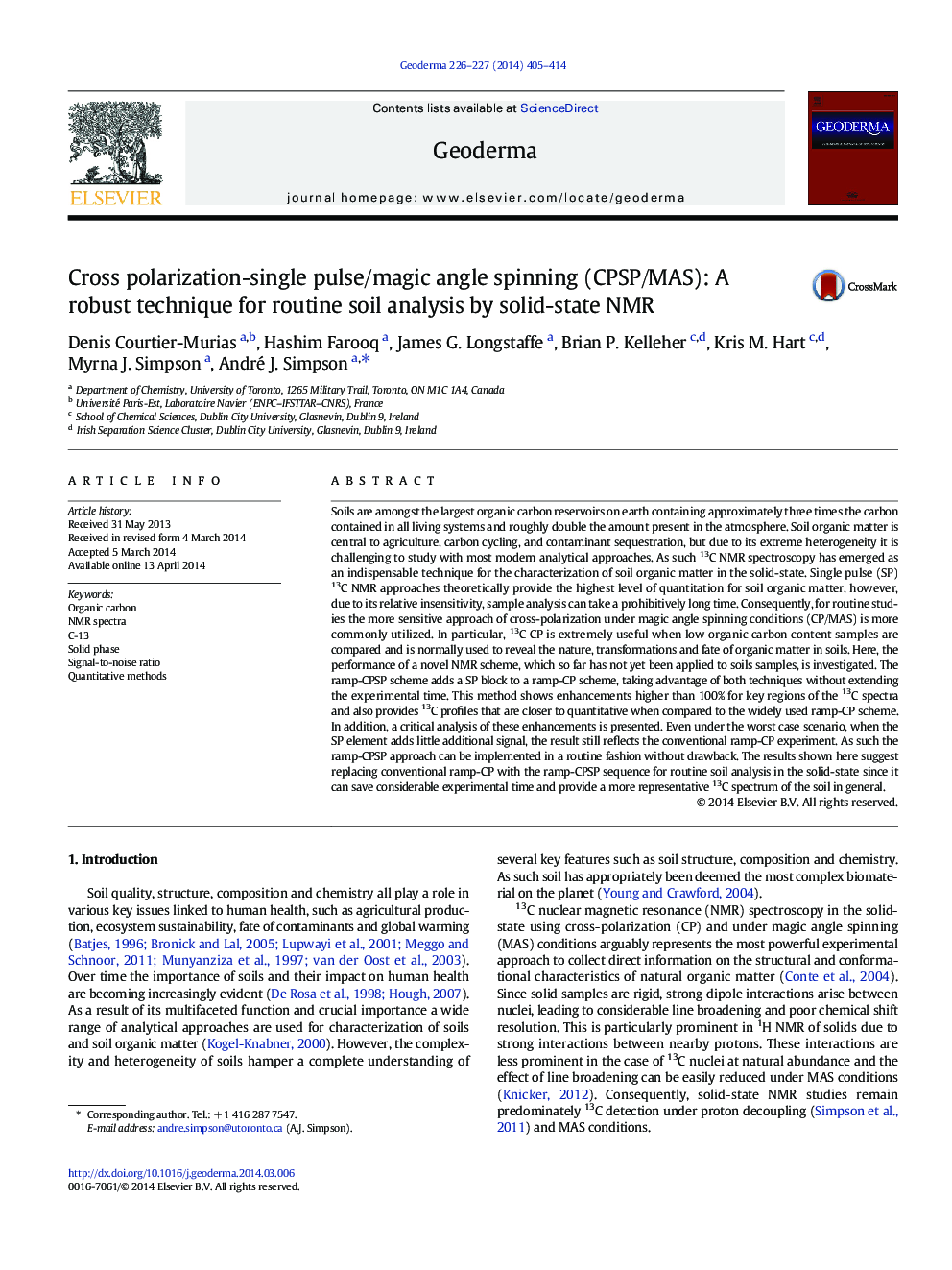 Cross polarization-single pulse/magic angle spinning (CPSP/MAS): A robust technique for routine soil analysis by solid-state NMR