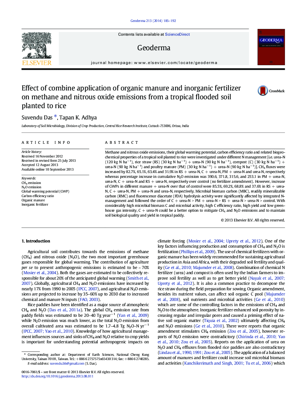 Effect of combine application of organic manure and inorganic fertilizer on methane and nitrous oxide emissions from a tropical flooded soil planted to rice