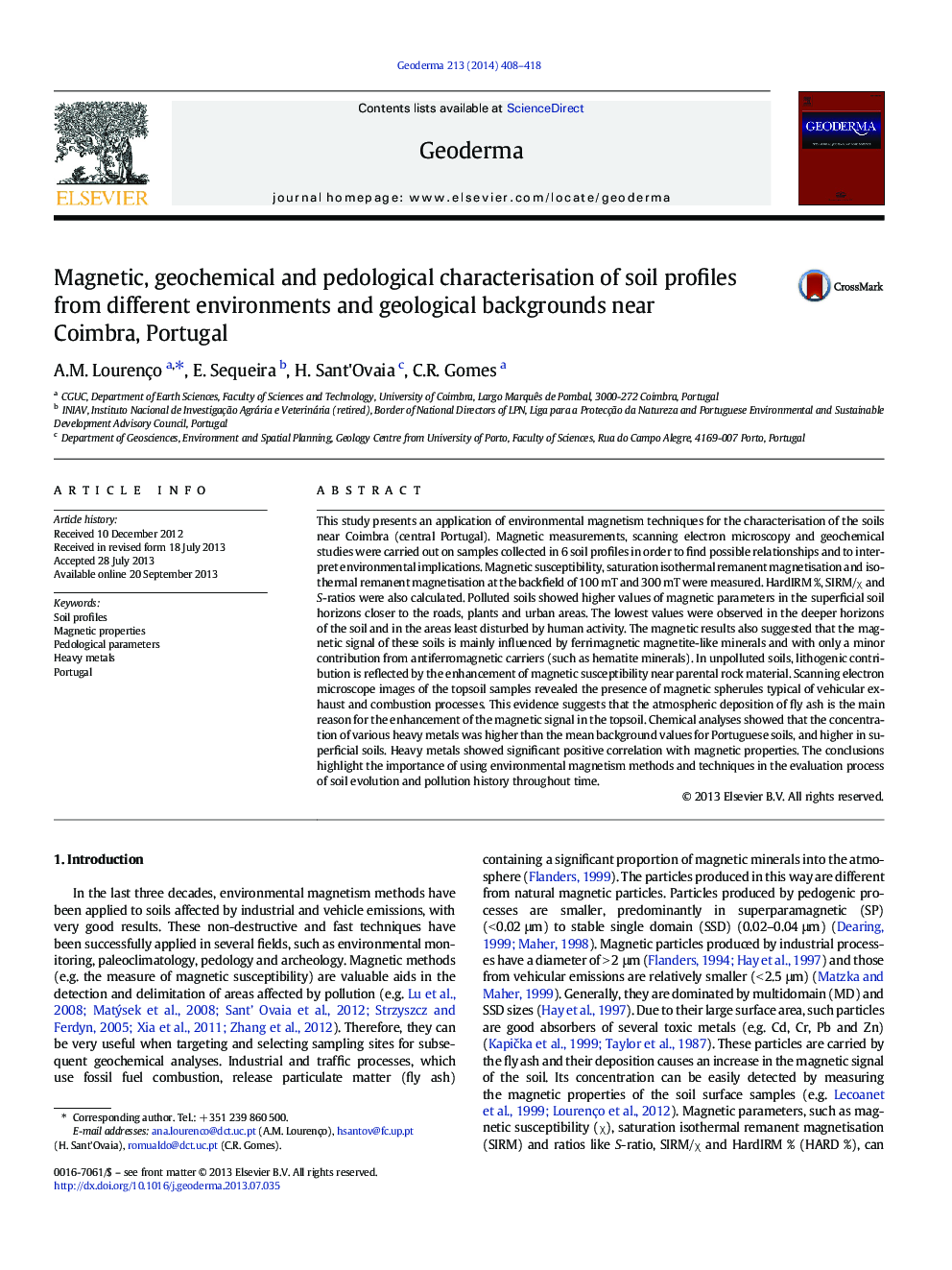 Magnetic, geochemical and pedological characterisation of soil profiles from different environments and geological backgrounds near Coimbra, Portugal