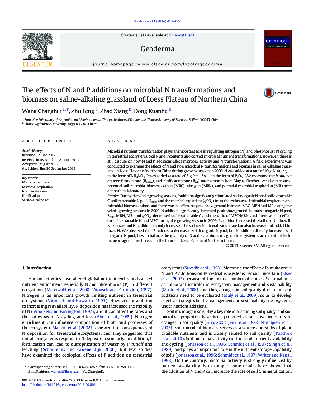 The effects of N and P additions on microbial N transformations and biomass on saline-alkaline grassland of Loess Plateau of Northern China