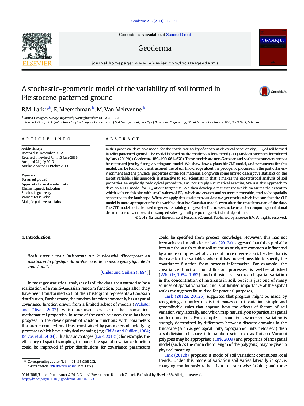 A stochastic-geometric model of the variability of soil formed in Pleistocene patterned ground