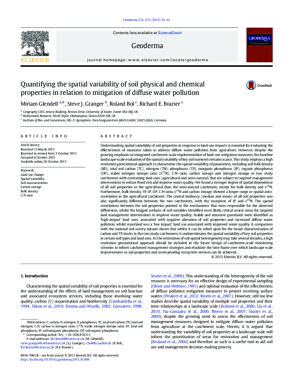 Quantifying the spatial variability of soil physical and chemical properties in relation to mitigation of diffuse water pollution