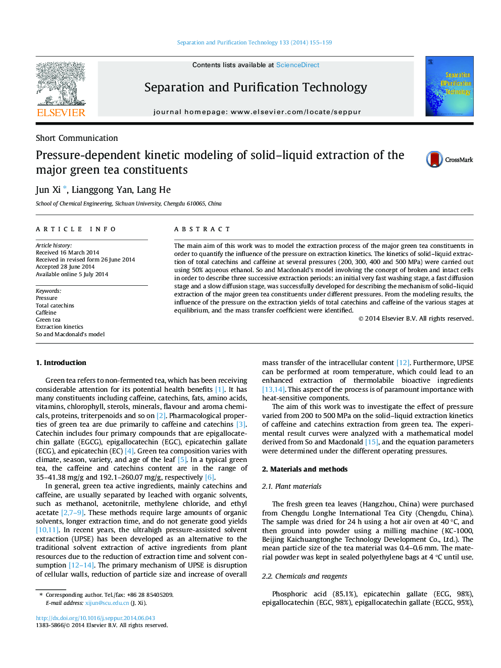 Pressure-dependent kinetic modeling of solid–liquid extraction of the major green tea constituents