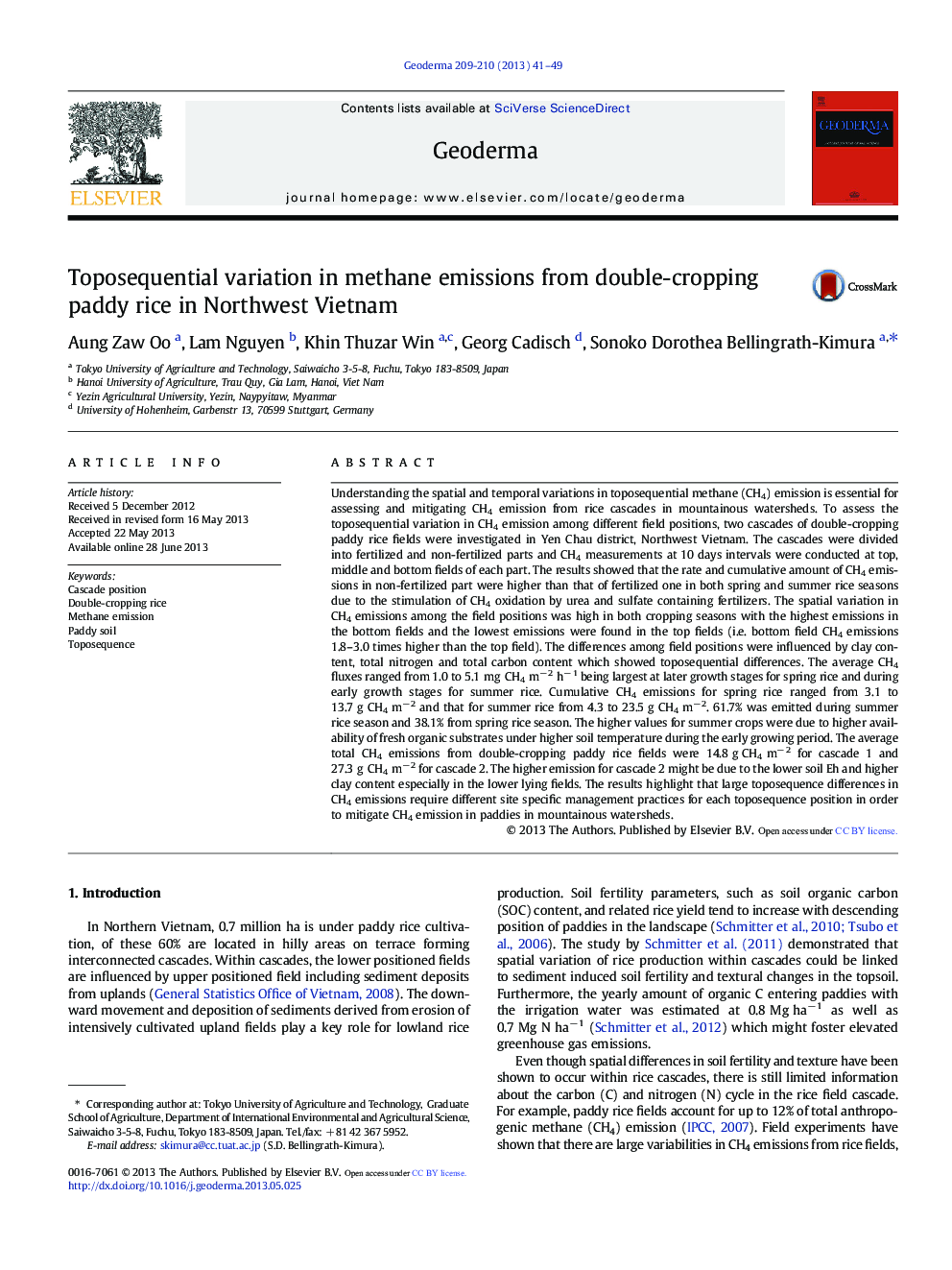 Toposequential variation in methane emissions from double-cropping paddy rice in Northwest Vietnam