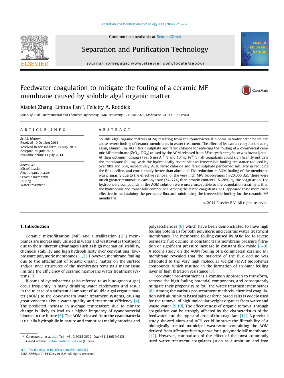 Feedwater coagulation to mitigate the fouling of a ceramic MF membrane caused by soluble algal organic matter