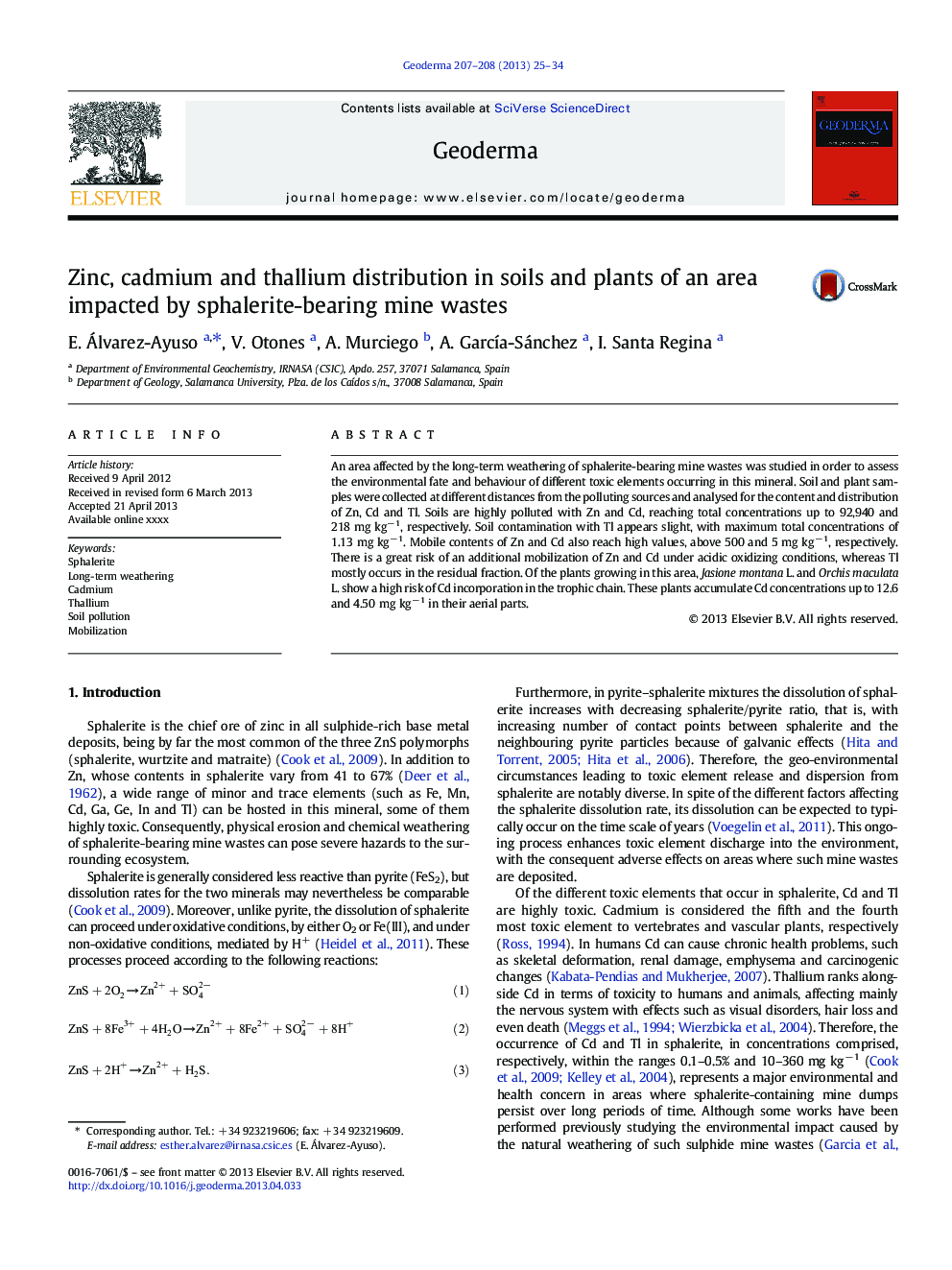 Zinc, cadmium and thallium distribution in soils and plants of an area impacted by sphalerite-bearing mine wastes