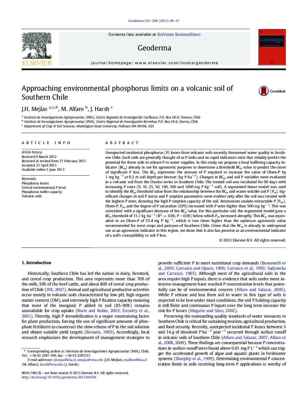 Approaching environmental phosphorus limits on a volcanic soil of Southern Chile