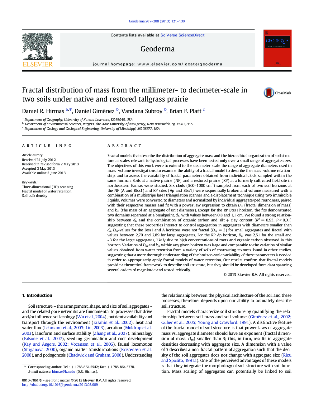 Fractal distribution of mass from the millimeter- to decimeter-scale in two soils under native and restored tallgrass prairie