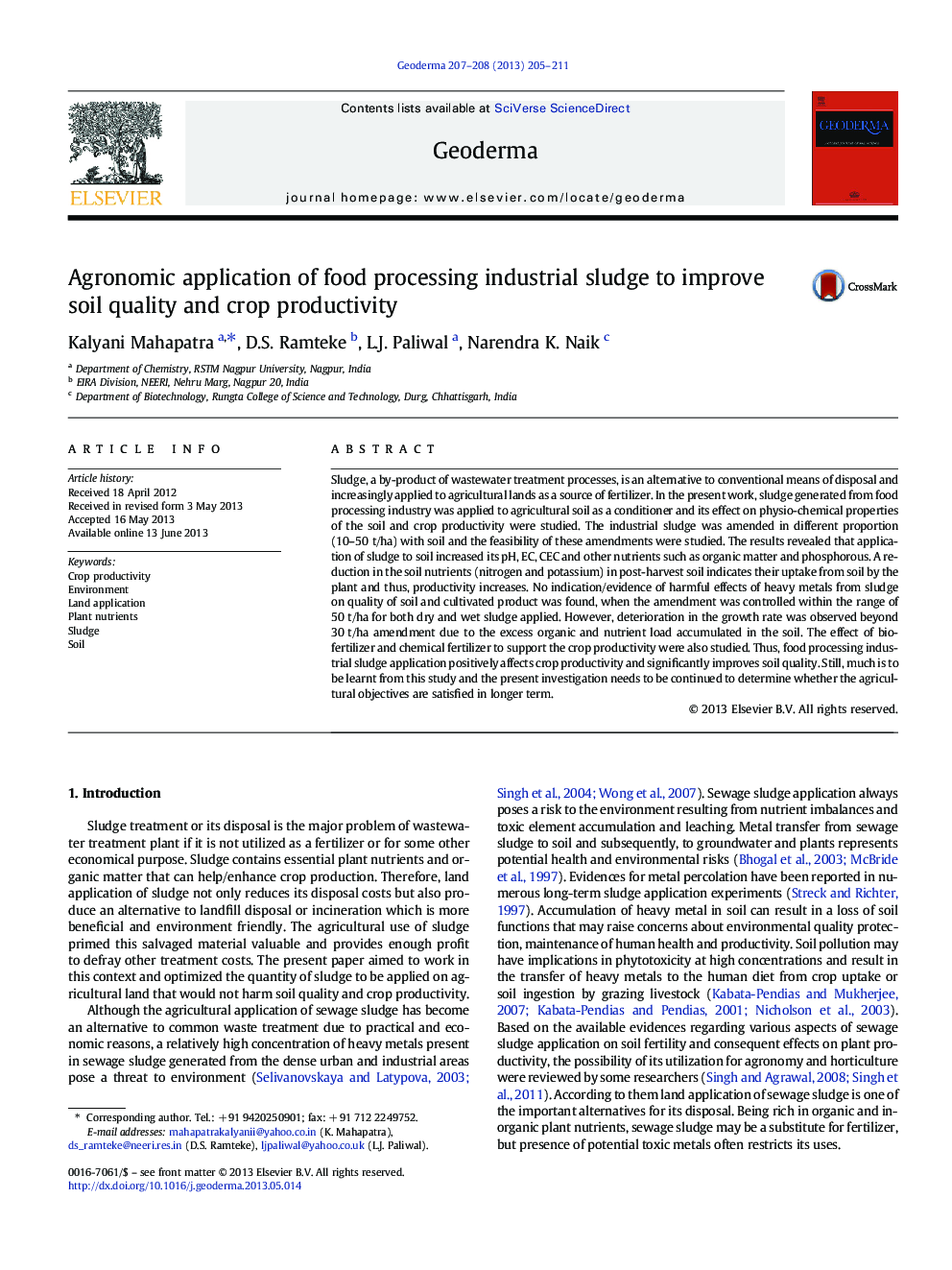 Agronomic application of food processing industrial sludge to improve soil quality and crop productivity