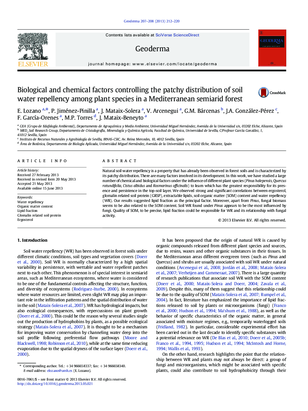 Biological and chemical factors controlling the patchy distribution of soil water repellency among plant species in a Mediterranean semiarid forest