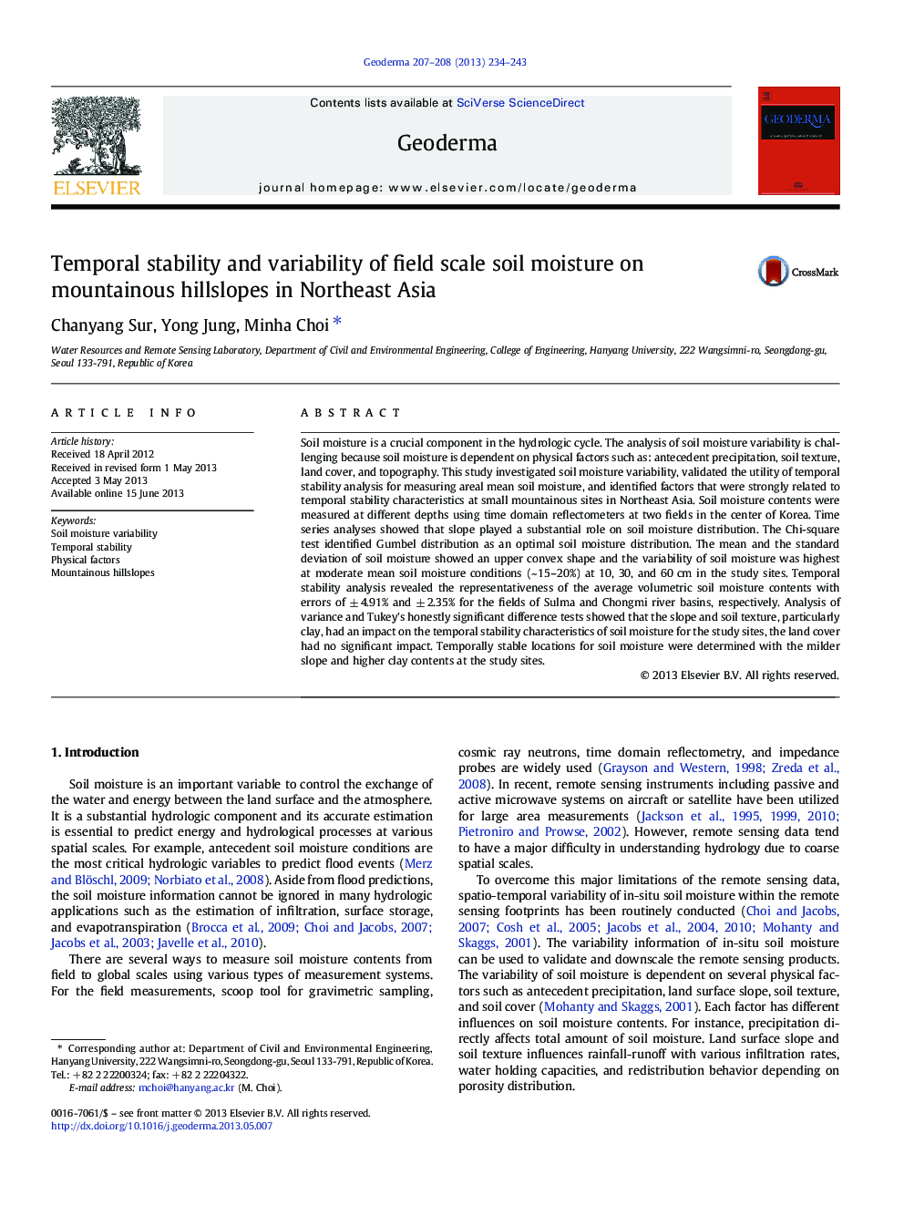 Temporal stability and variability of field scale soil moisture on mountainous hillslopes in Northeast Asia