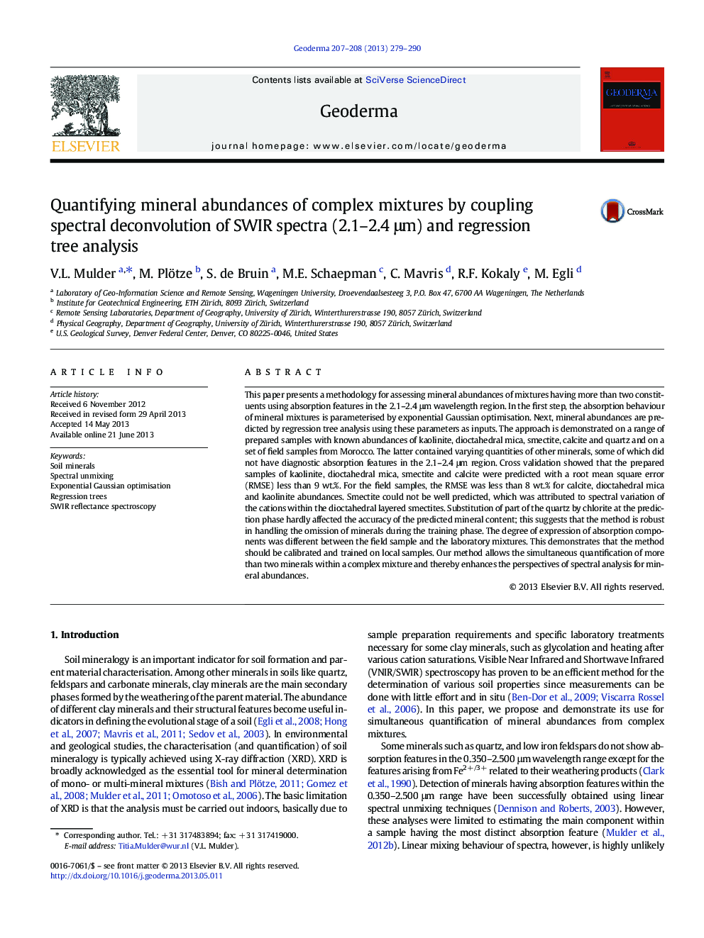 Quantifying mineral abundances of complex mixtures by coupling spectral deconvolution of SWIR spectra (2.1-2.4 Î¼m) and regression tree analysis