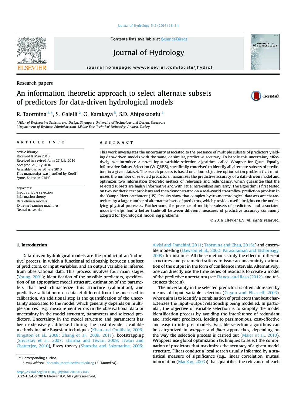 Research papersAn information theoretic approach to select alternate subsets of predictors for data-driven hydrological models