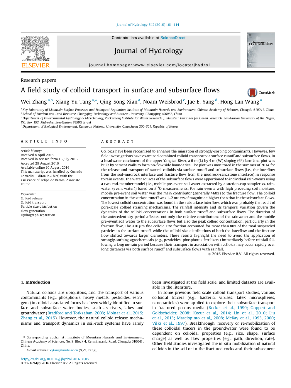 Research papersA field study of colloid transport in surface and subsurface flows