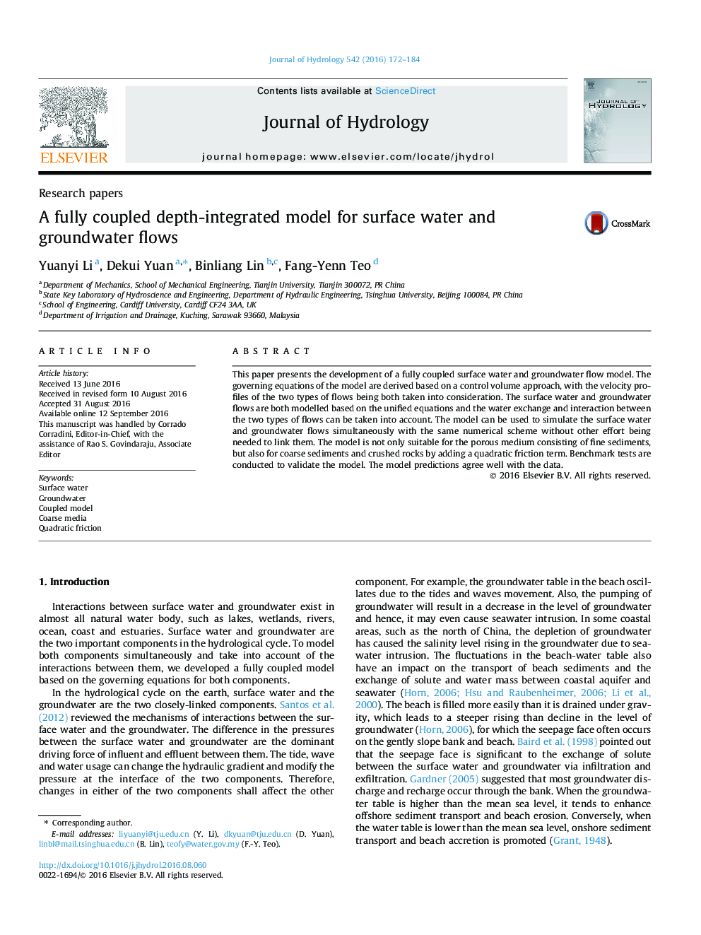 Research papersA fully coupled depth-integrated model for surface water and groundwater flows