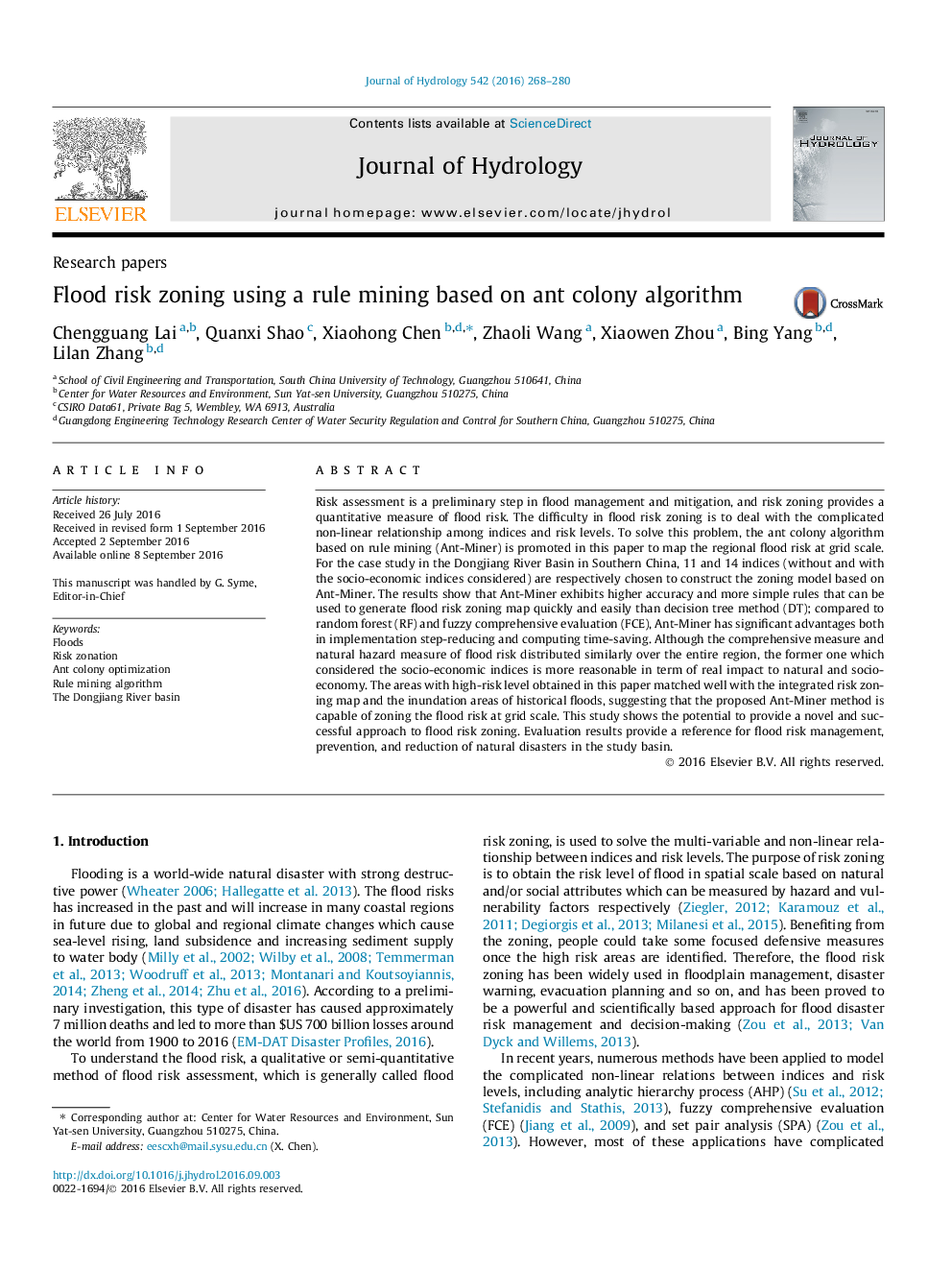 Research papersFlood risk zoning using a rule mining based on ant colony algorithm