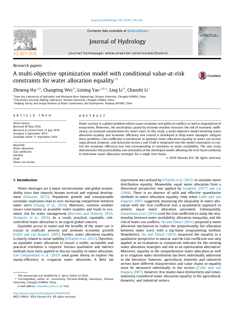 Research papersA multi-objective optimization model with conditional value-at-risk constraints for water allocation equality