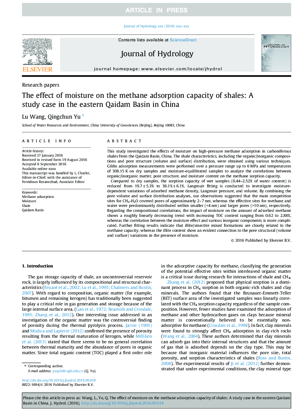 The effect of moisture on the methane adsorption capacity of shales: A study case in the eastern Qaidam Basin in China