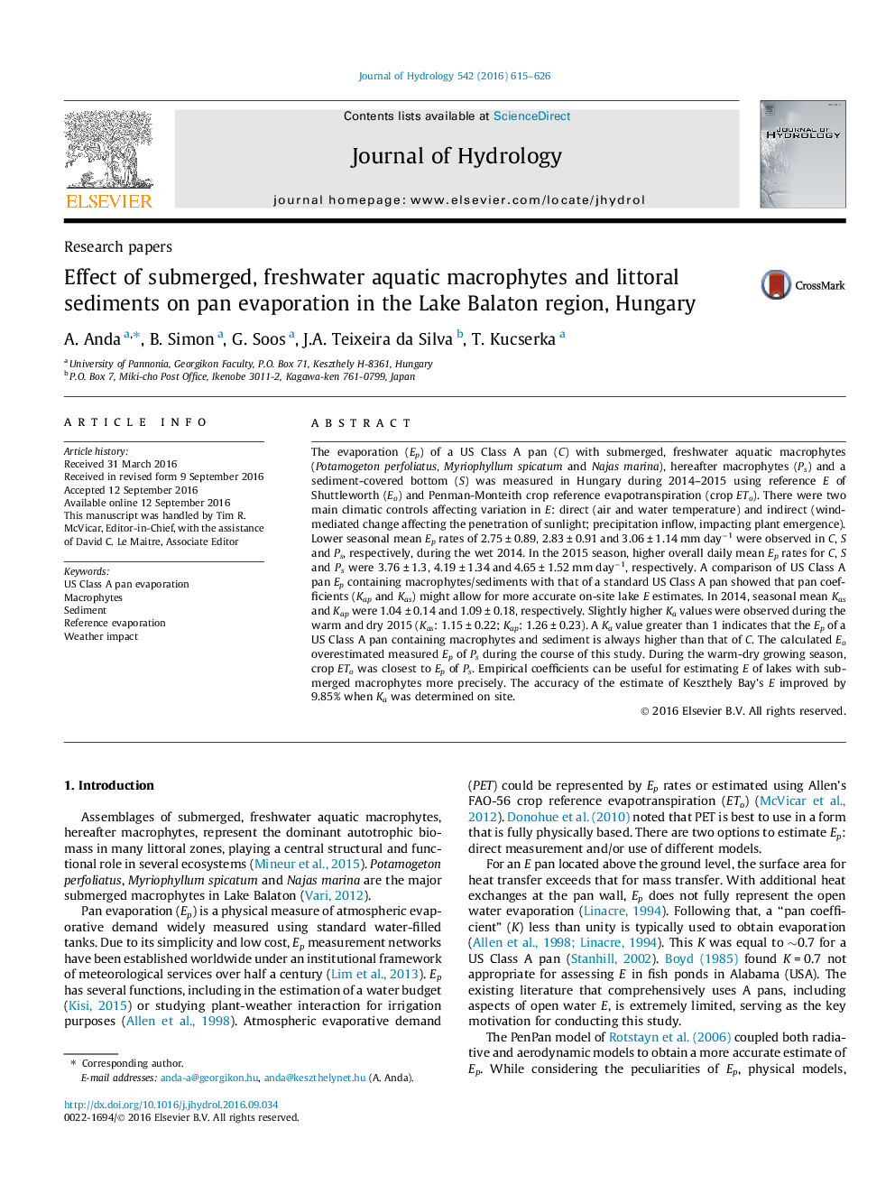 Research papersEffect of submerged, freshwater aquatic macrophytes and littoral sediments on pan evaporation in the Lake Balaton region, Hungary