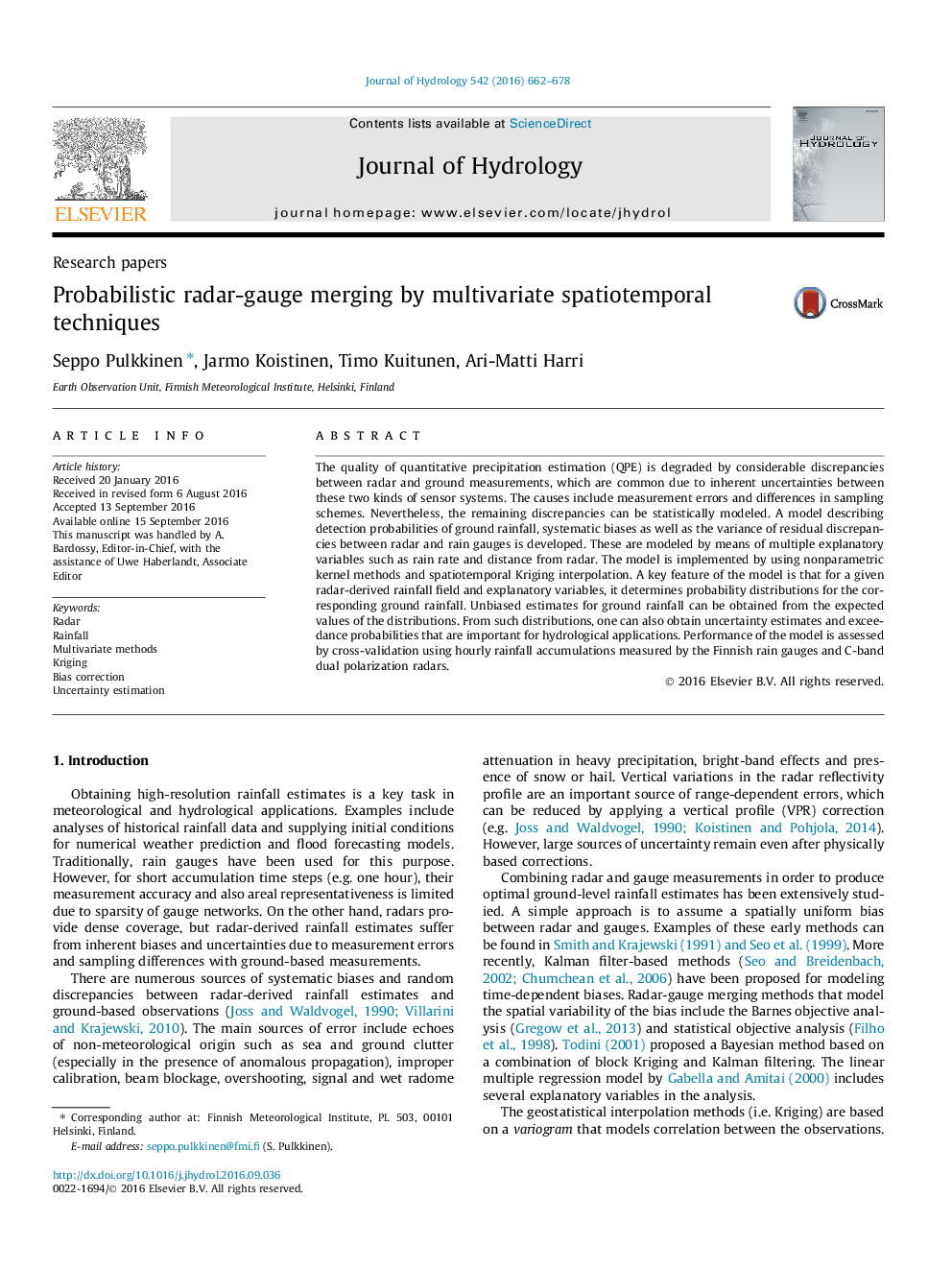 Research papersProbabilistic radar-gauge merging by multivariate spatiotemporal techniques